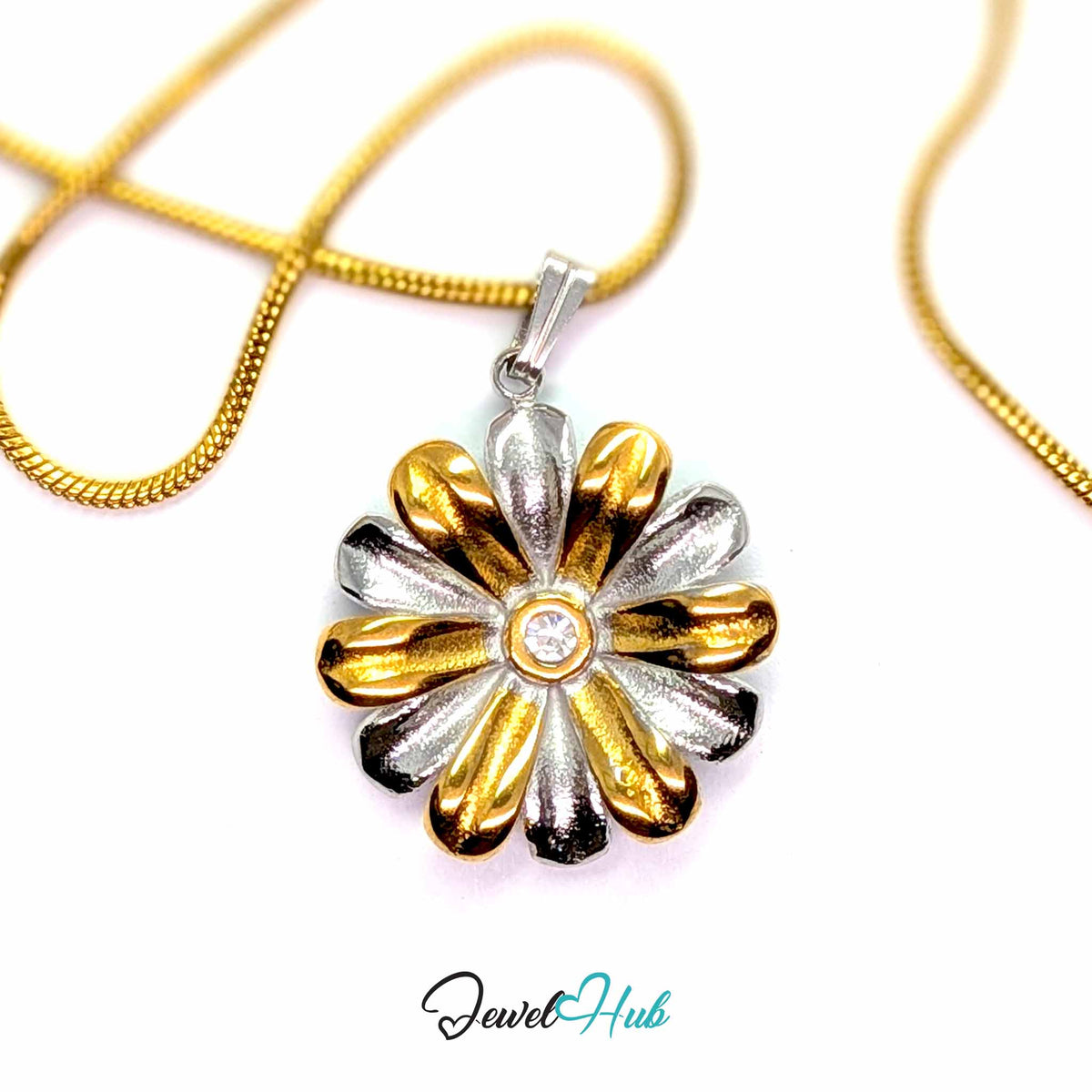 Crystal Daisy pendant in DuoTone stainless steel - on a gold-tone stainless steel chain - JewelHub