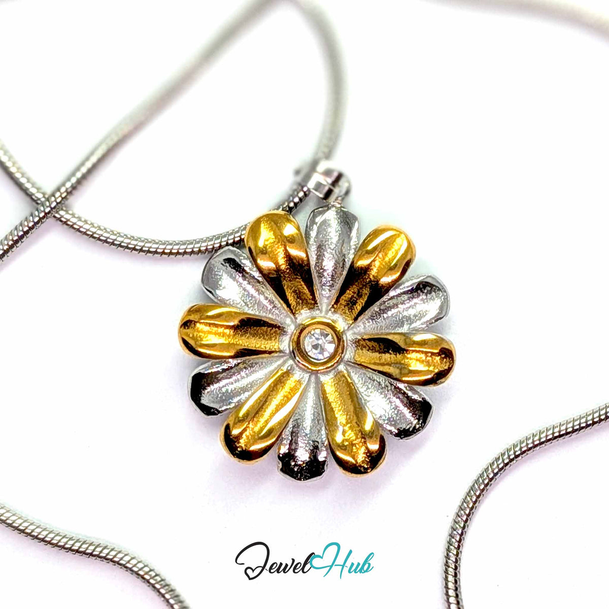 Crystal Daisy pendant in DuoTone stainless steel - on a silver-tone stainless steel chain - JewelHub