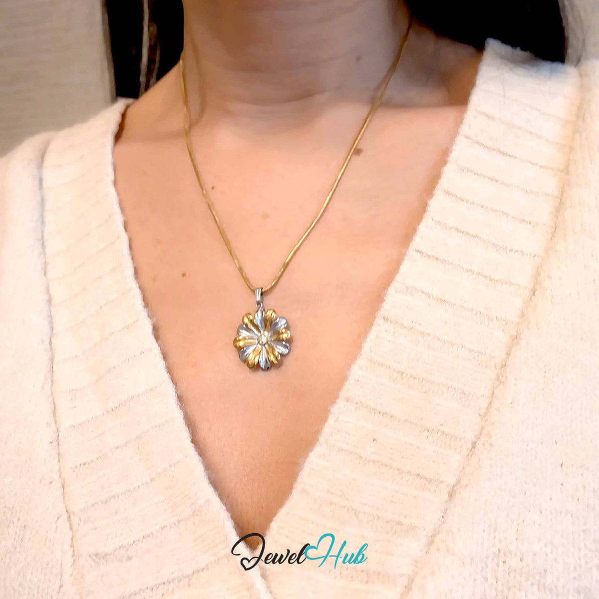 Crystal Daisy pendant in DuoTone stainless steel - worn on the neck - JewelHub