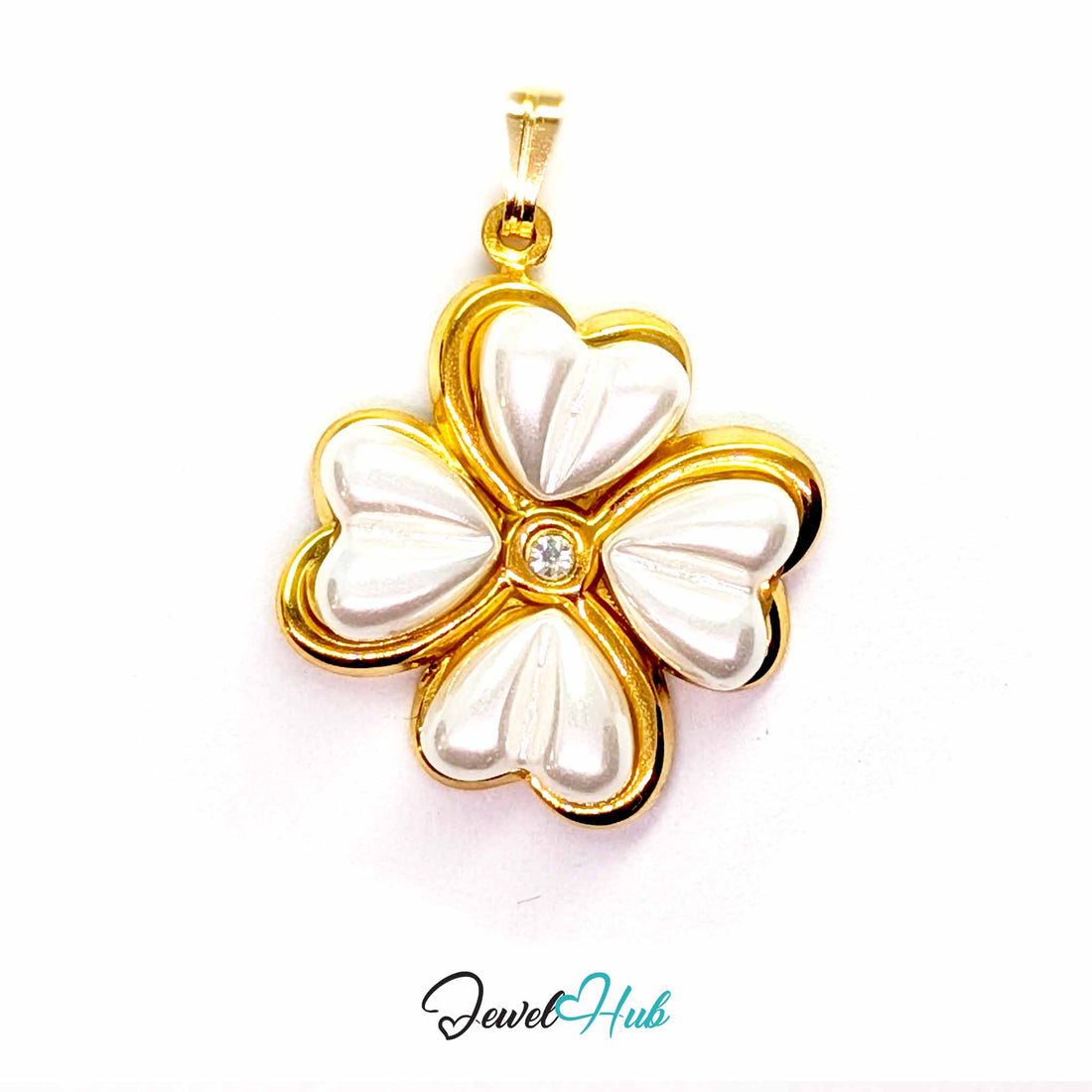 Pearl Four Leaf Clover pendant in gold-tone stainless steel - front view - JewelHub