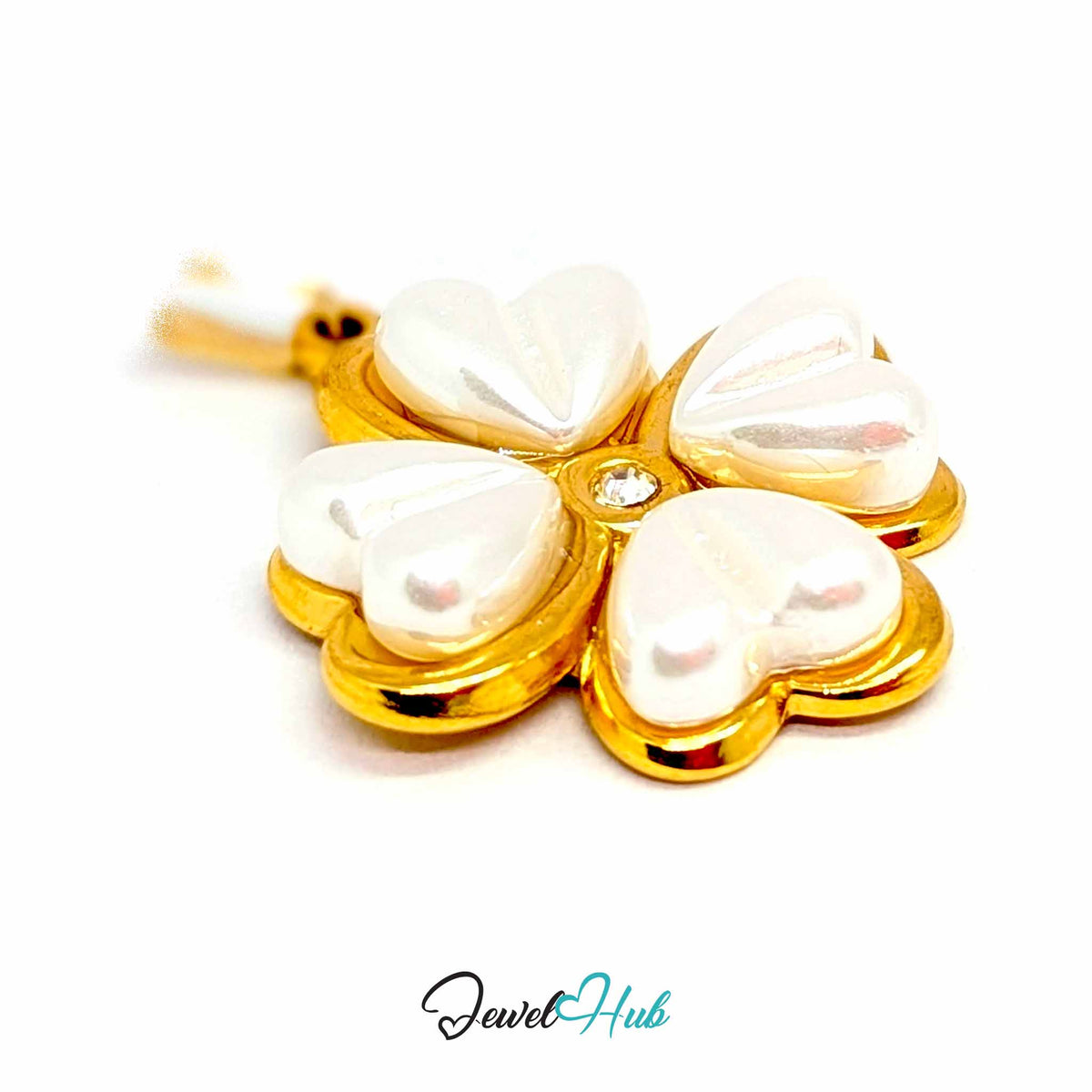 Pearl Four Leaf Clover pendant in gold-tone stainless steel - close-up detail - JewelHub