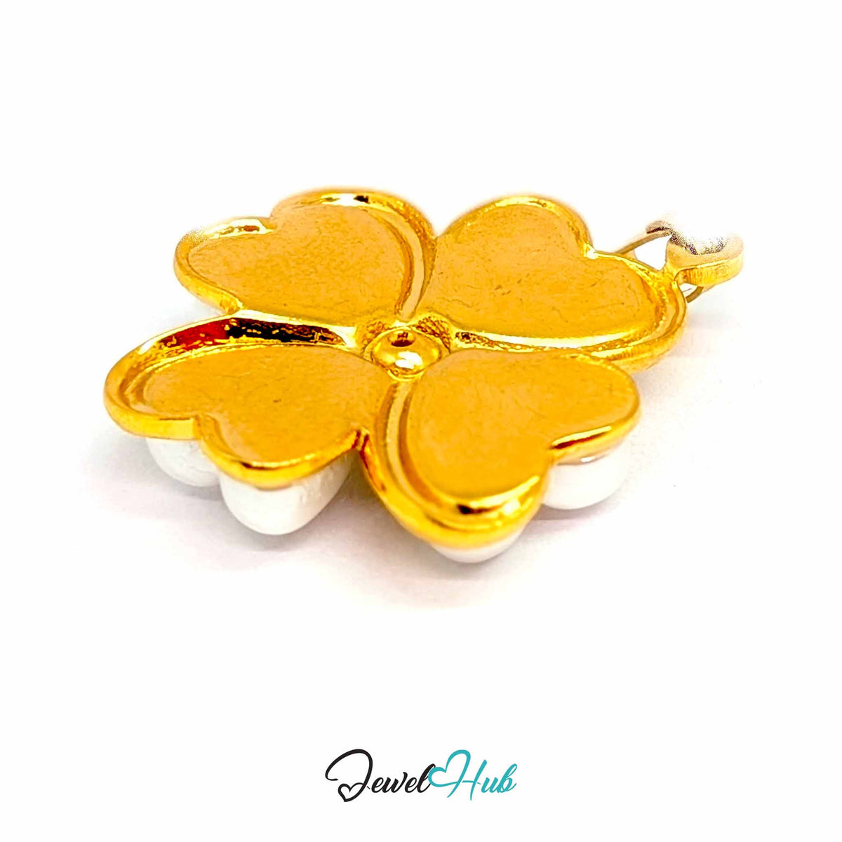 Pearl Four Leaf Clover pendant in gold-tone stainless steel - angled close-up - JewelHub