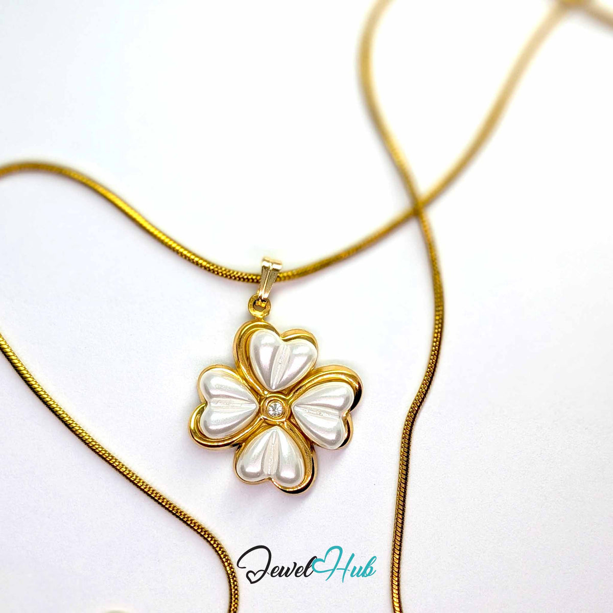 Pearl Four Leaf Clover pendant in gold-tone stainless steel - on a gold-tone stainless steel chain - JewelHub
