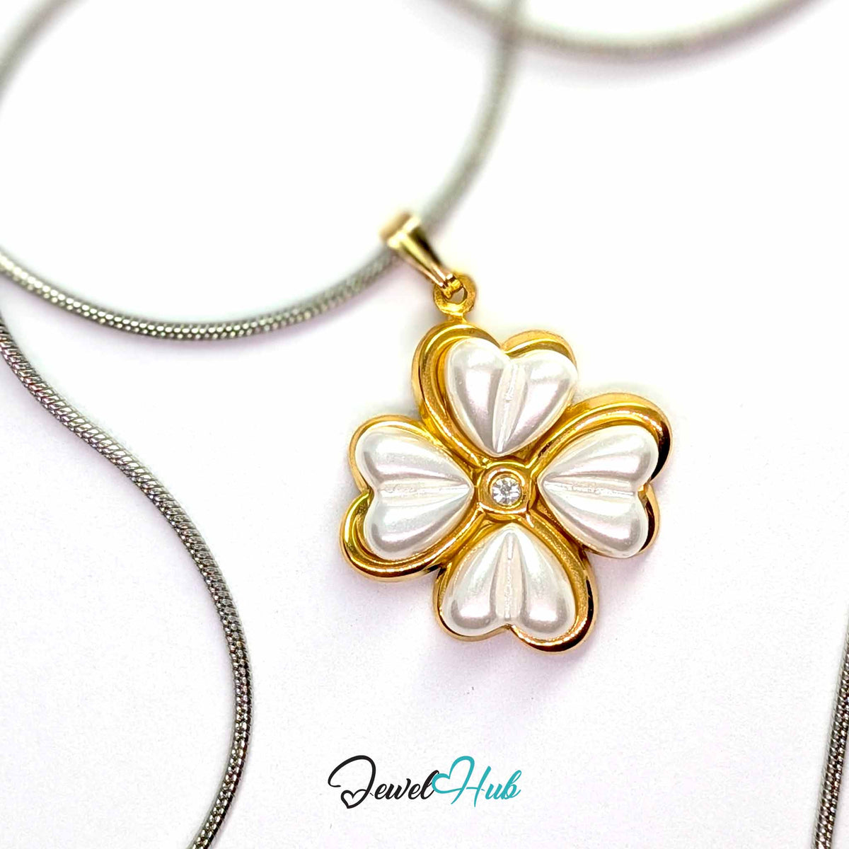Pearl Four Leaf Clover pendant in gold-tone stainless steel - on a silver-tone stainless steel chain - JewelHub