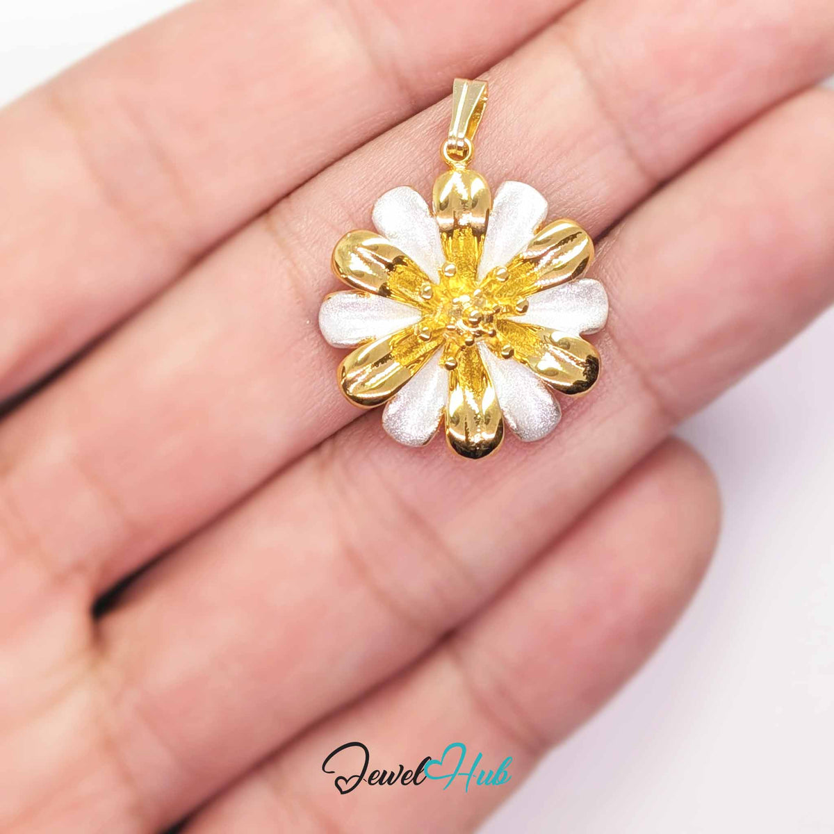 Gold Twelve Petal Flower pendant in gold-tone stainless steel - held in the hand to show size - JewelHub