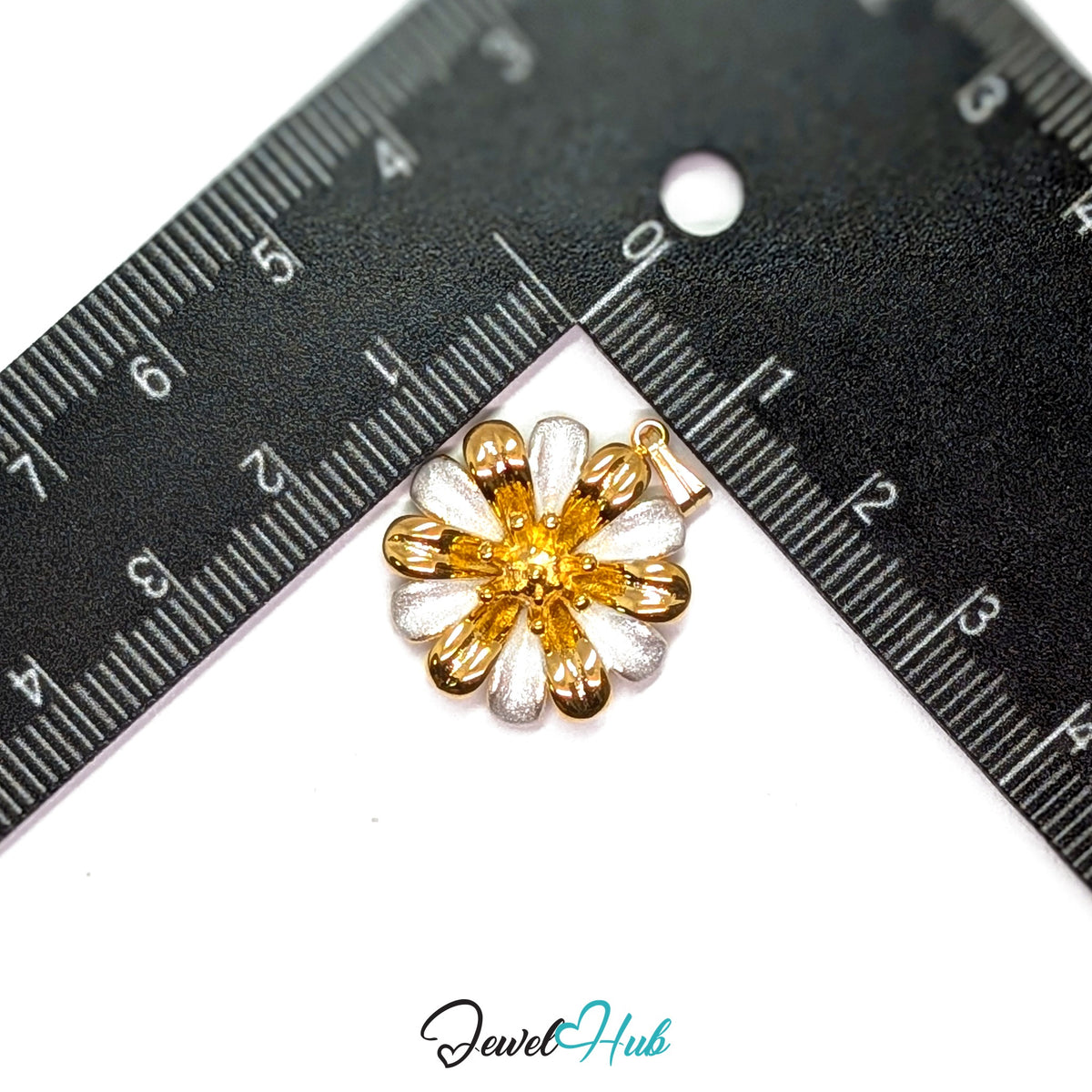 Gold Twelve Petal Flower pendant in gold-tone stainless steel - measurement with ruler - JewelHub