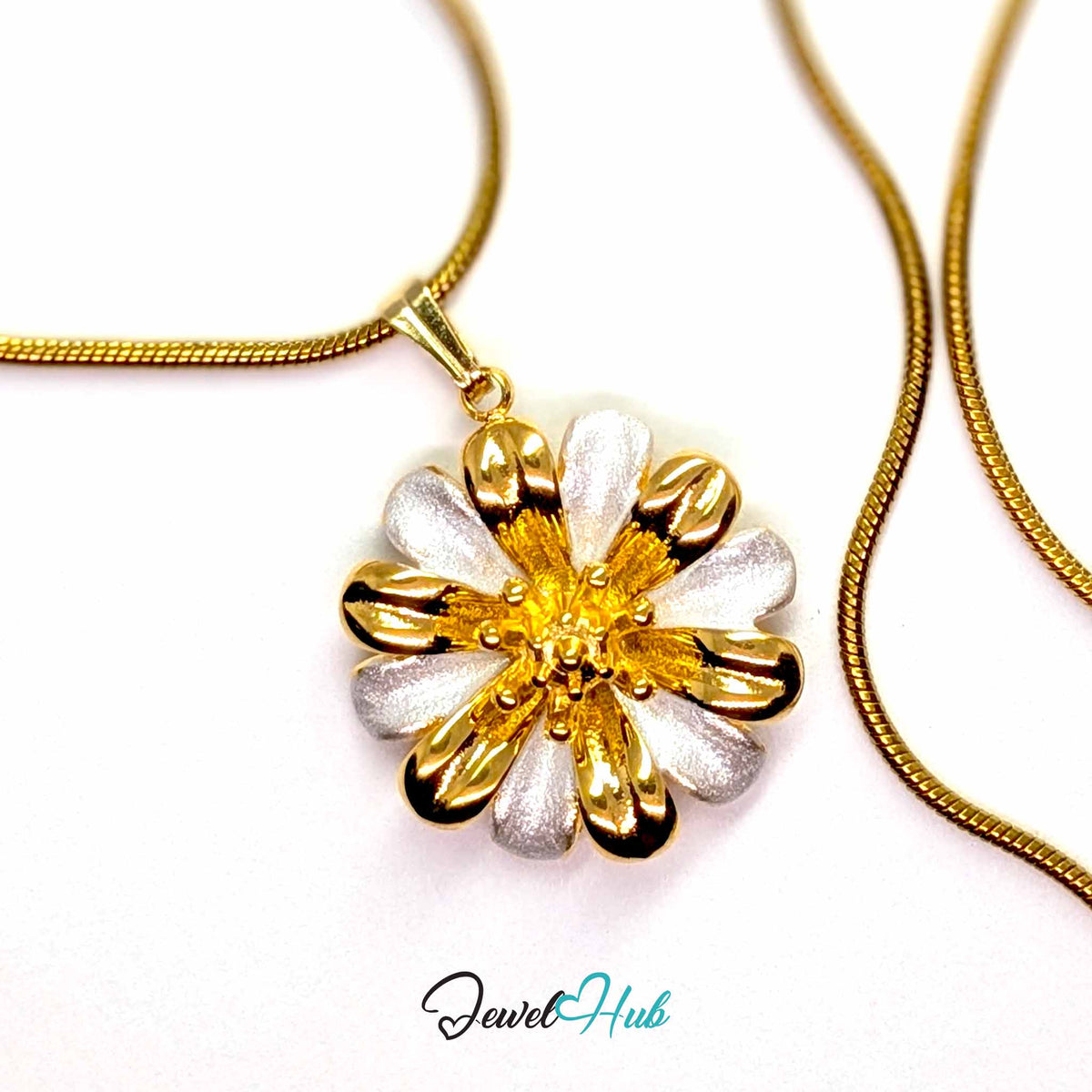 Gold Twelve Petal Flower pendant in gold-tone stainless steel - on a gold-tone stainless steel chain - JewelHub