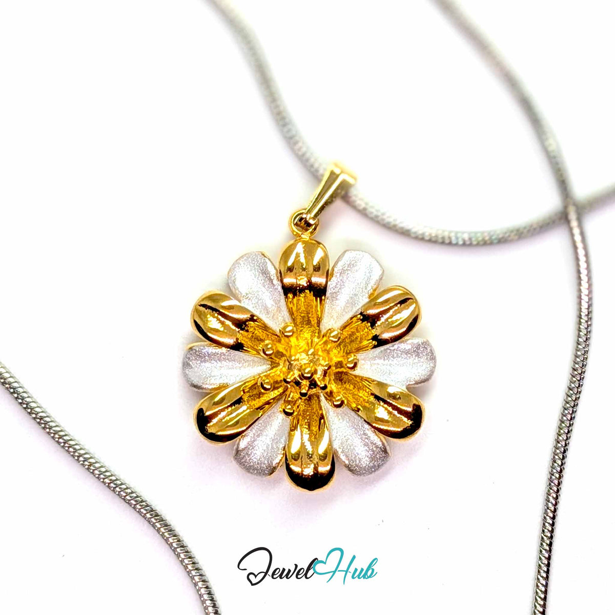 Gold Twelve Petal Flower pendant in gold-tone stainless steel - on a silver-tone stainless steel chain - JewelHub
