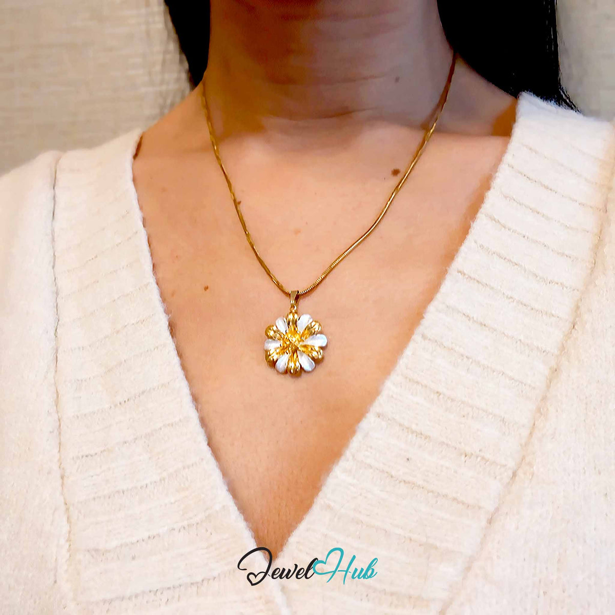 Gold Twelve Petal Flower pendant in gold-tone stainless steel - worn on the neck - JewelHub