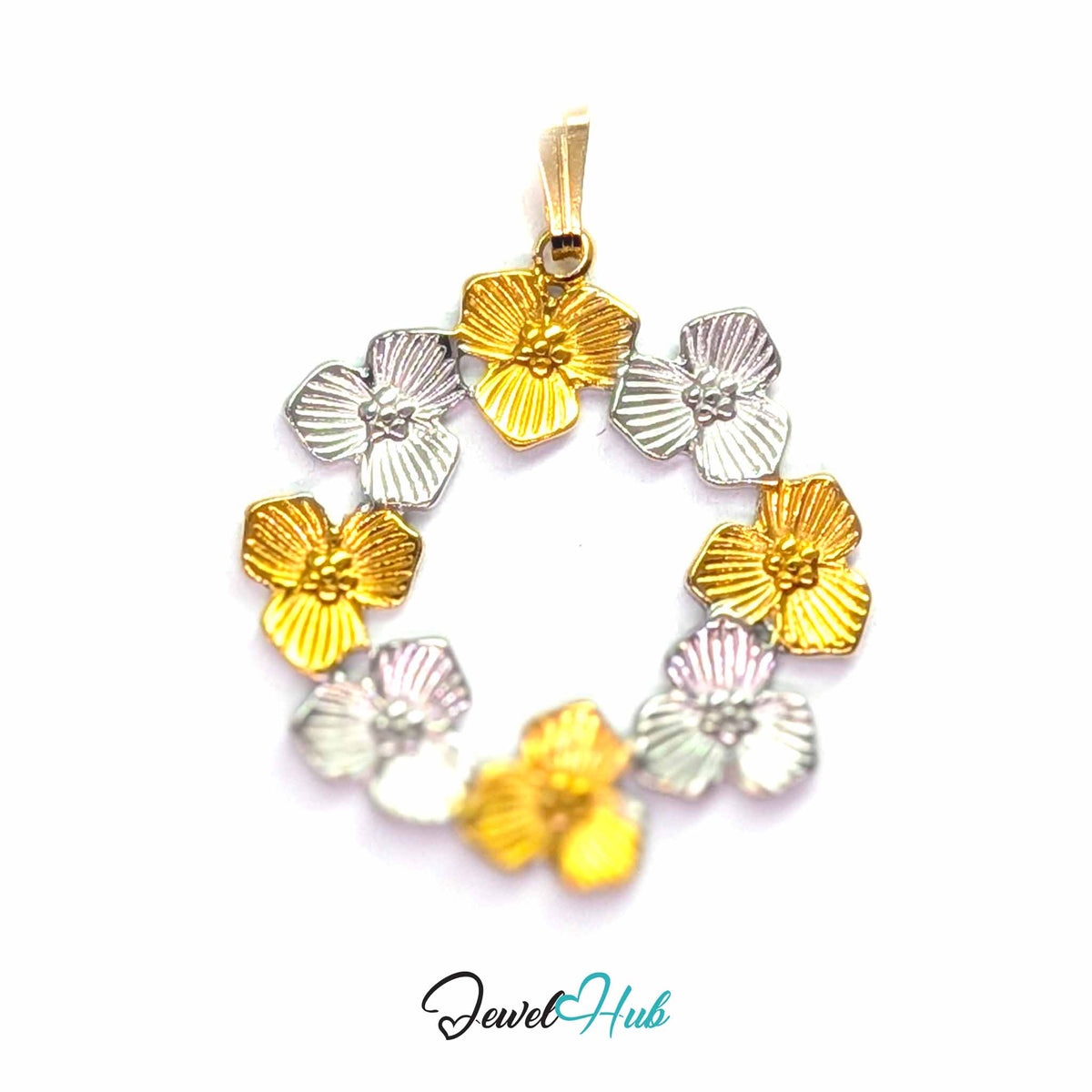 Flower Wreath pendant in DuoTone stainless steel - front view - JewelHub