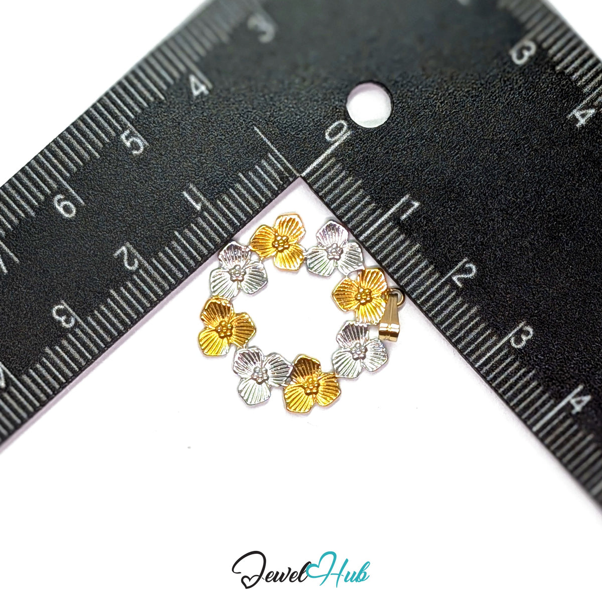 Flower Wreath pendant in DuoTone stainless steel - measurement with ruler - JewelHub
