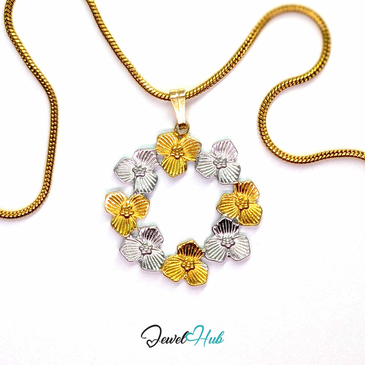 Flower Wreath pendant in DuoTone stainless steel - on a gold-tone stainless steel chain - JewelHub