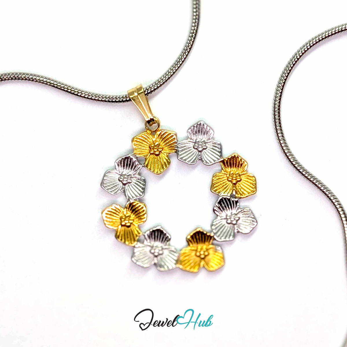 Flower Wreath pendant in DuoTone stainless steel - on a silver-tone stainless steel chain - JewelHub