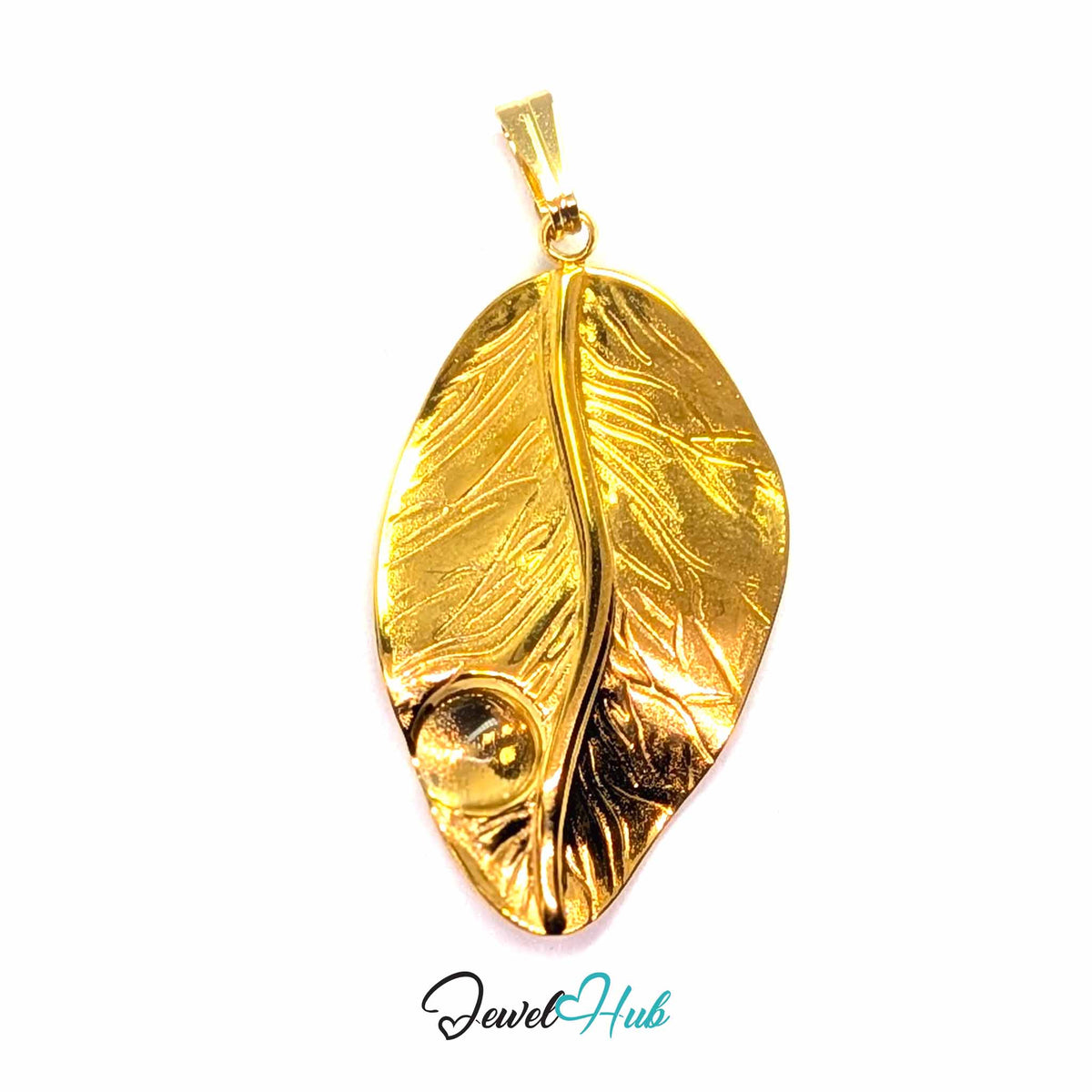 Gold Dewdrop Leaf pendant in gold-tone stainless steel - front view - JewelHub