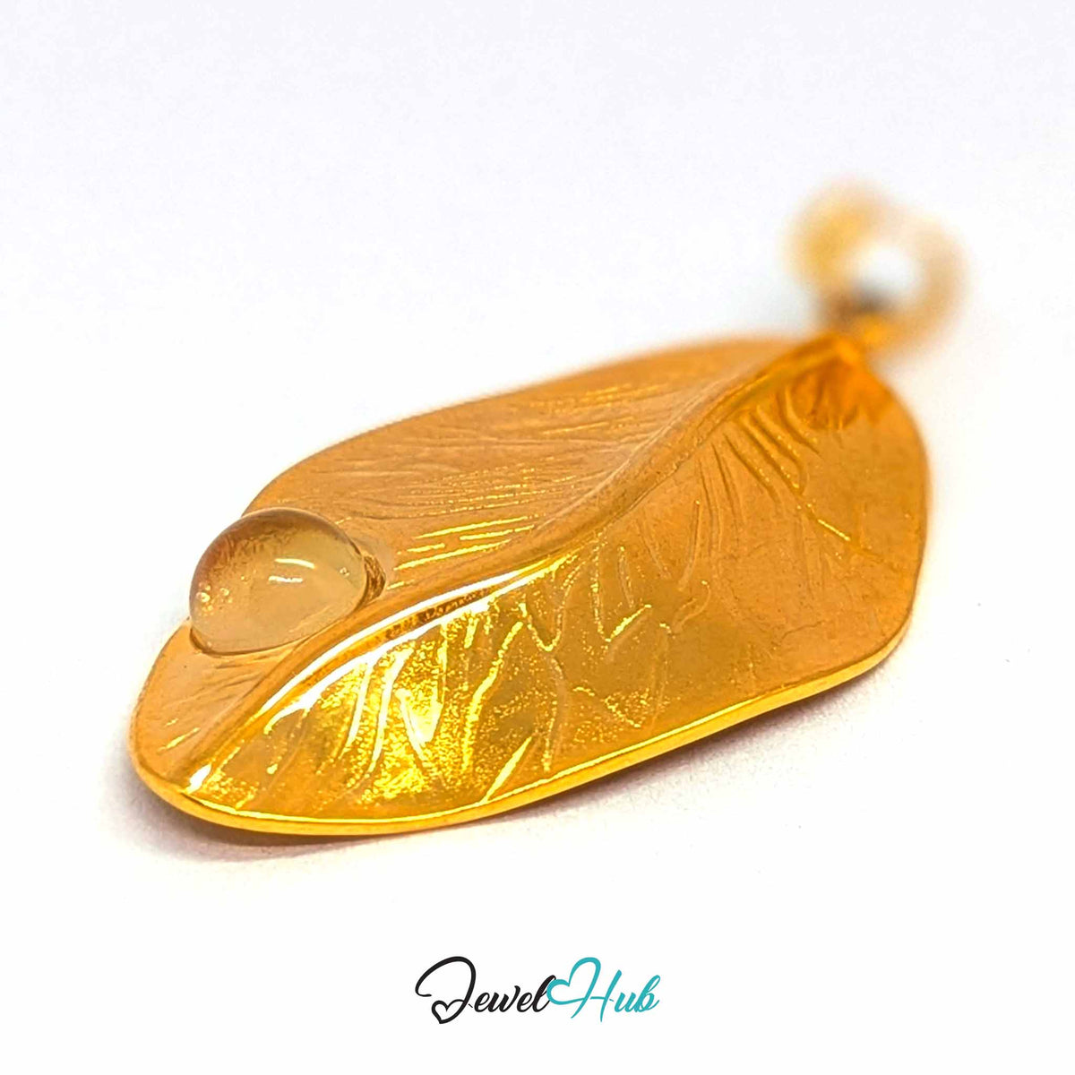Gold Dewdrop Leaf pendant in gold-tone stainless steel - close-up detail - JewelHub