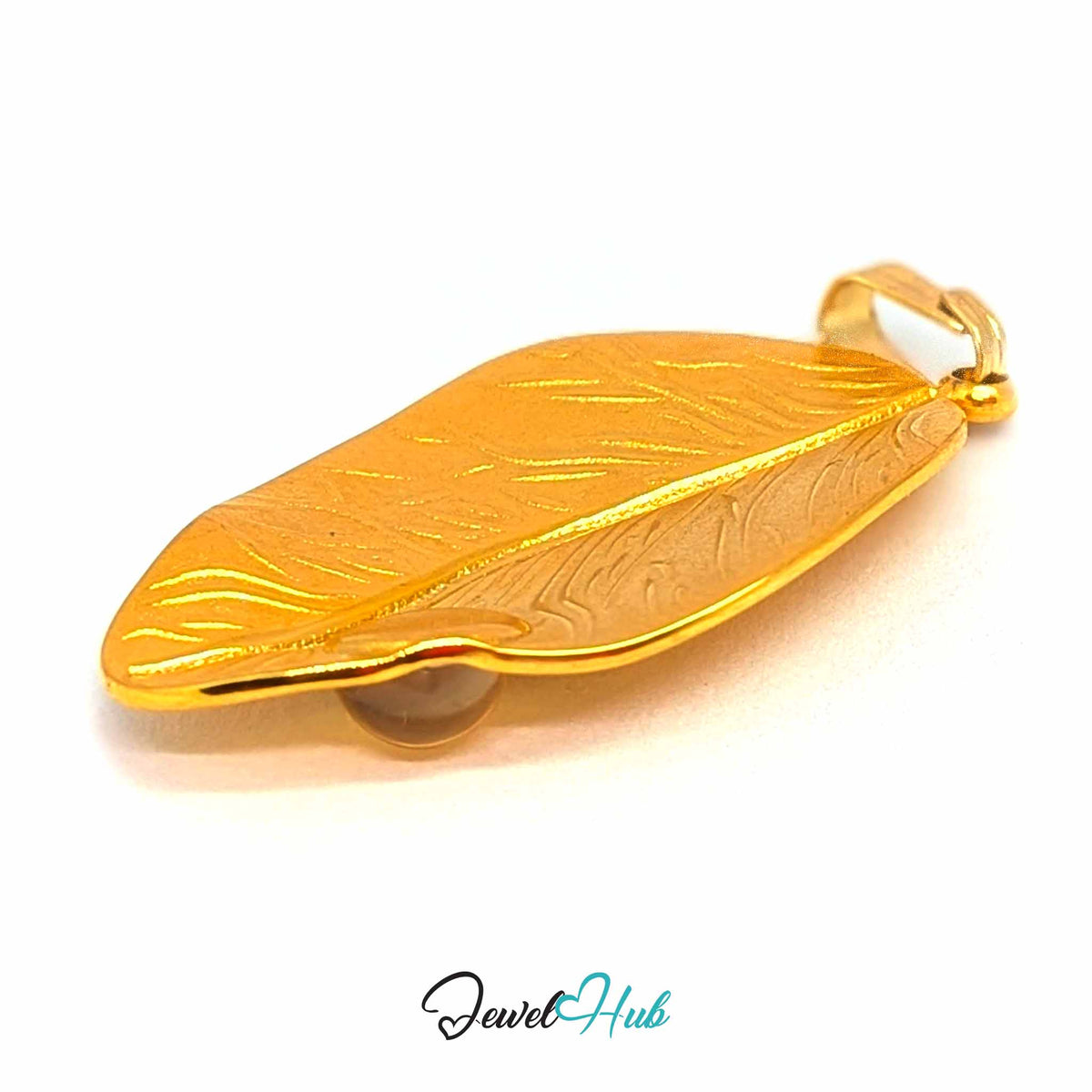 Gold Dewdrop Leaf pendant in gold-tone stainless steel - angled close-up - JewelHub