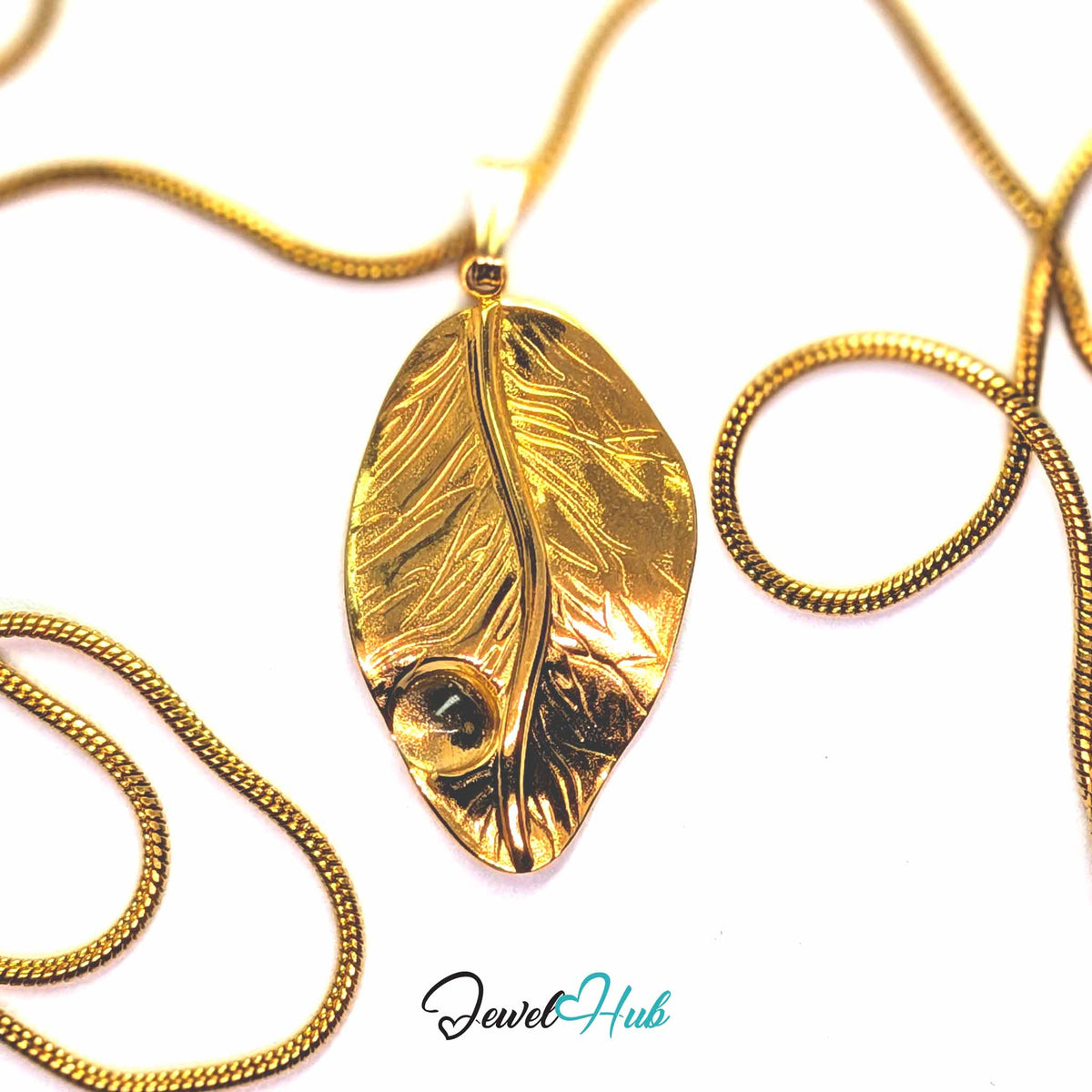 Gold Dewdrop Leaf pendant in gold-tone stainless steel - on a gold-tone stainless steel chain - JewelHub
