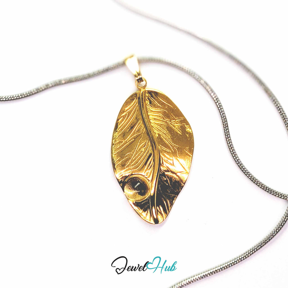 Gold Dewdrop Leaf pendant in gold-tone stainless steel - on a silver-tone stainless steel chain - JewelHub