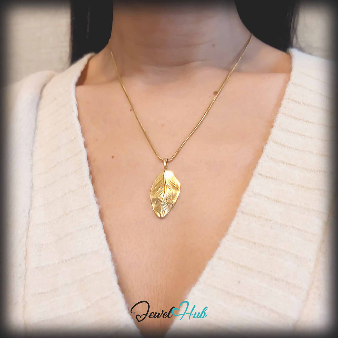 Gold Dewdrop Leaf pendant in gold-tone stainless steel - front view - JewelHub