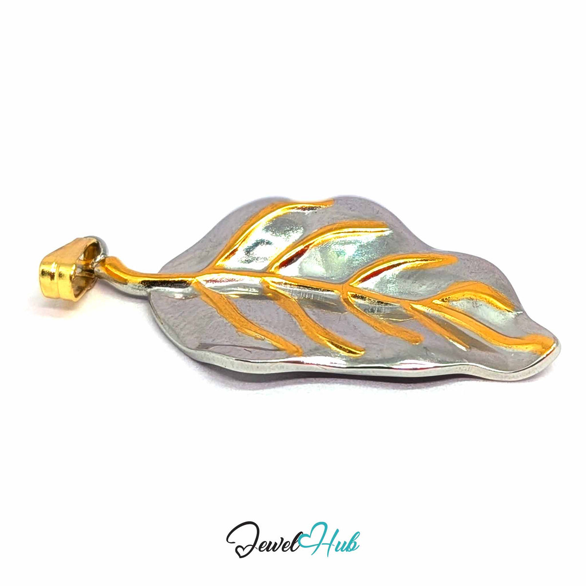 Leaf pendant in DuoTone stainless steel - close-up detail - JewelHub