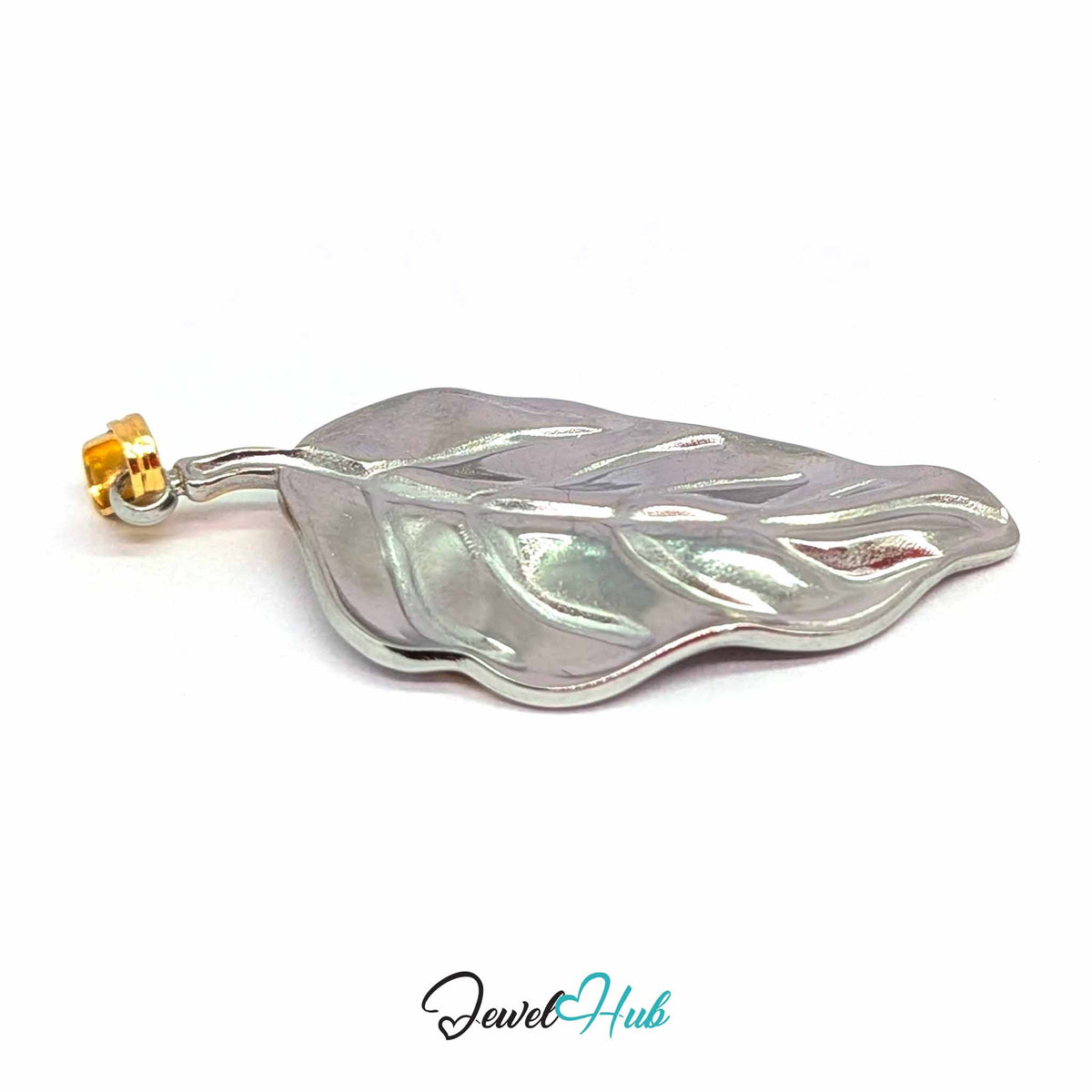 Leaf pendant in DuoTone stainless steel - angled close-up - JewelHub