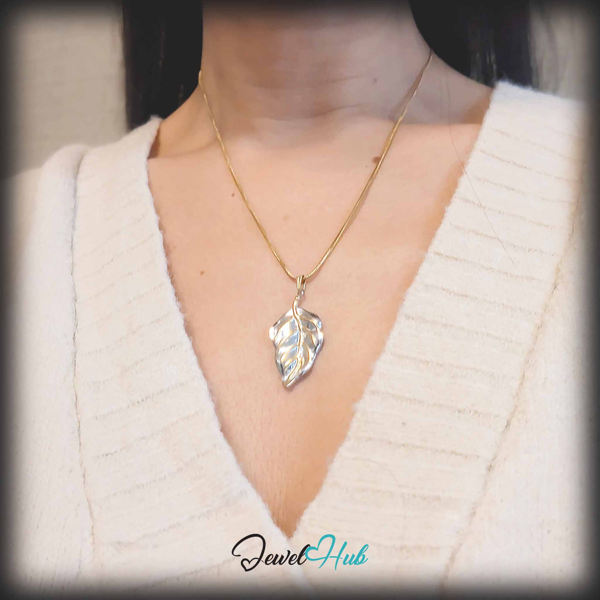 Leaf pendant in DuoTone stainless steel - worn on the neck - JewelHub