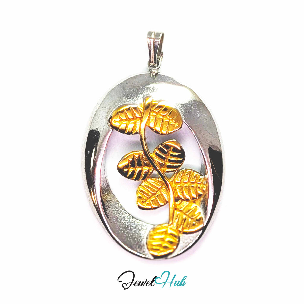 Oval Branch pendant in DuoTone stainless steel - front view - JewelHub