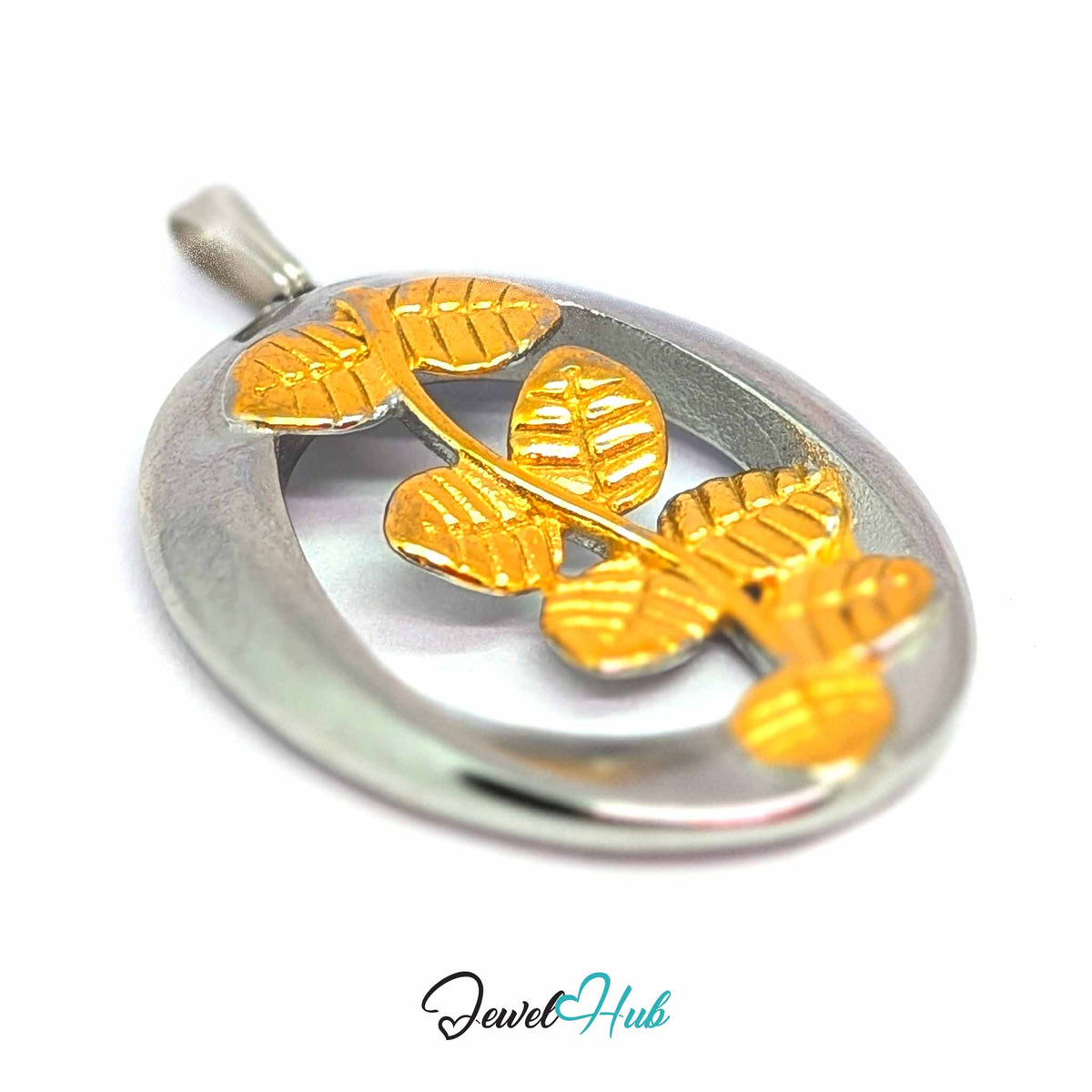 Oval Branch pendant in DuoTone stainless steel - close-up detail - JewelHub