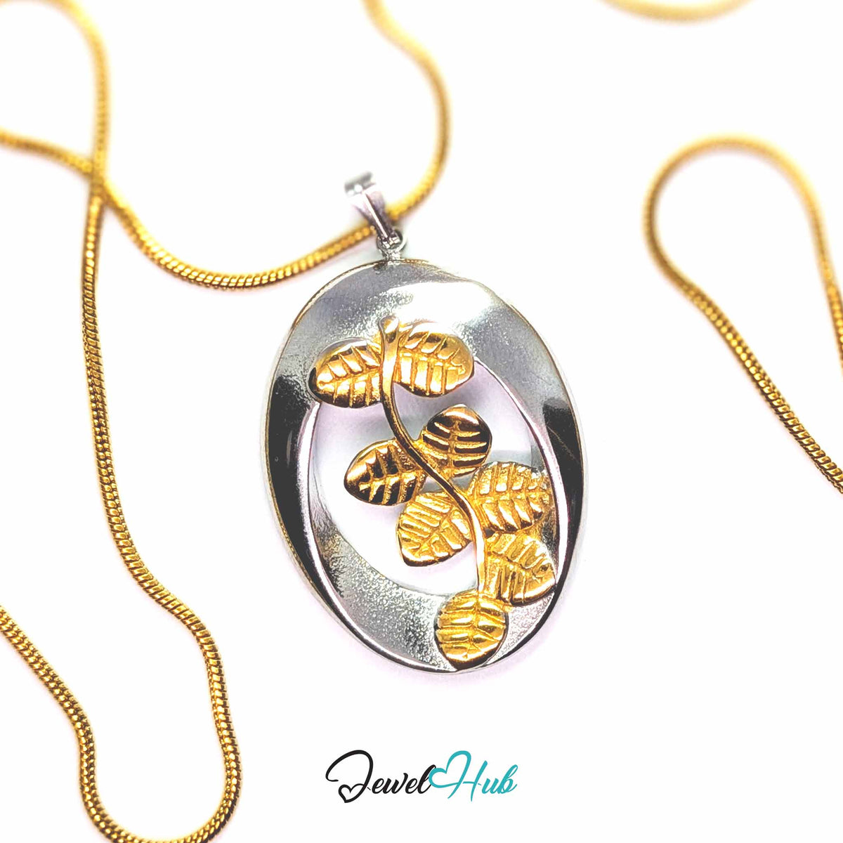 Oval Branch pendant in DuoTone stainless steel - on a gold-tone stainless steel chain - JewelHub