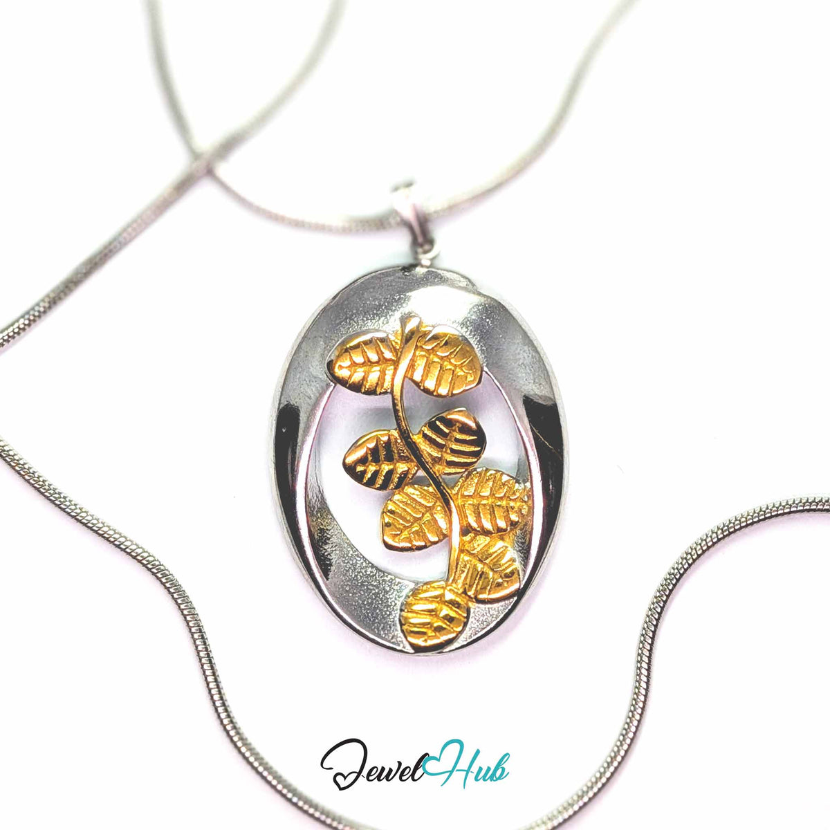 Oval Branch pendant in DuoTone stainless steel - on a silver-tone stainless steel chain - JewelHub