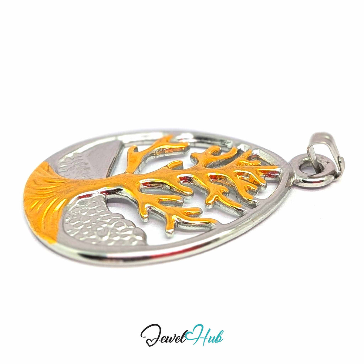 Tree of Life pendant in DuoTone stainless steel - close-up detail - JewelHub