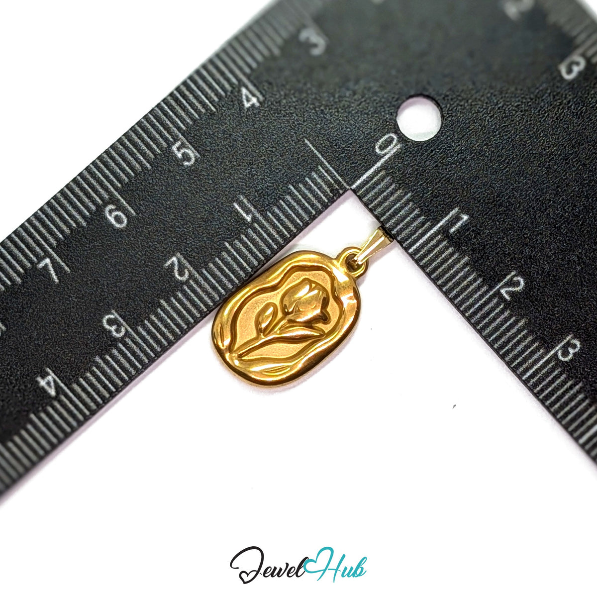 Gold Tulip Plate pendant in gold-tone stainless steel - measurement with ruler - JewelHub