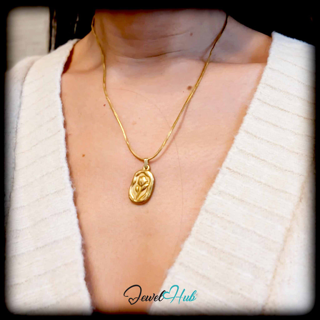 Gold Tulip Plate pendant in gold-tone stainless steel - front view - JewelHub