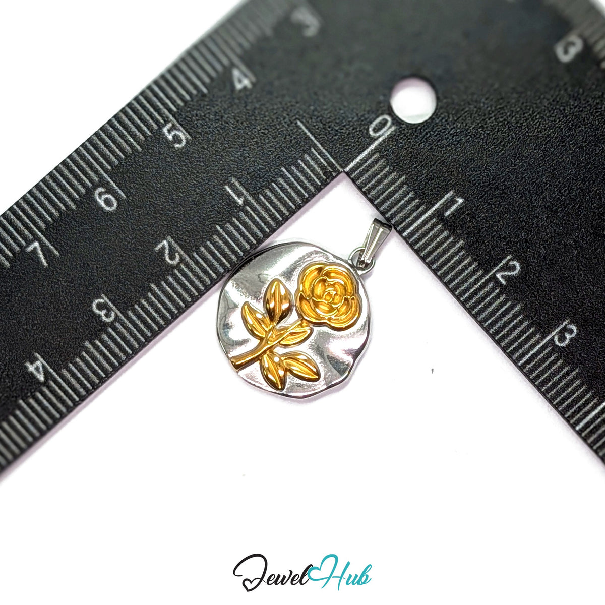 Rose Plate pendant in DuoTone stainless steel - measurement with ruler - JewelHub