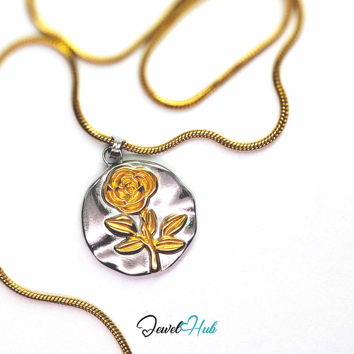 Rose Plate pendant in DuoTone stainless steel - on a gold-tone stainless steel chain - JewelHub