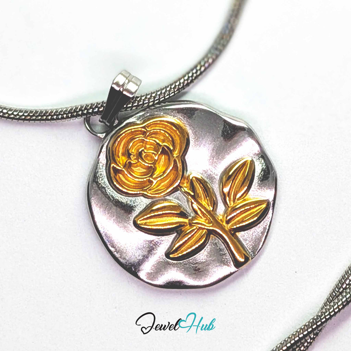 Rose Plate pendant in DuoTone stainless steel - on a silver-tone stainless steel chain - JewelHub