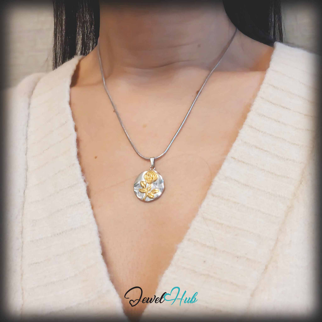 Rose Plate pendant in DuoTone stainless steel - front view - JewelHub