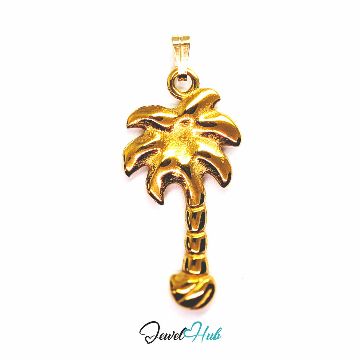 Gold Palm Tree pendant in gold-tone stainless steel - front view - JewelHub