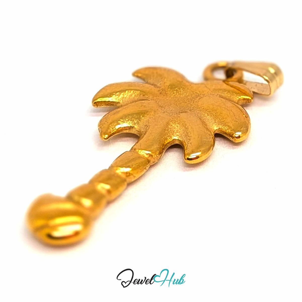 Gold Palm Tree pendant in gold-tone stainless steel - close-up detail - JewelHub