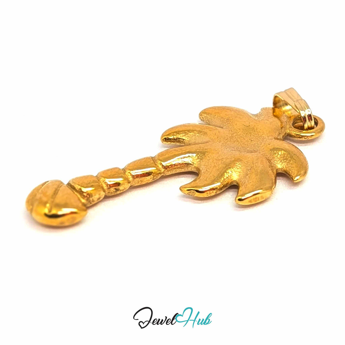 Gold Palm Tree pendant in gold-tone stainless steel - angled close-up - JewelHub