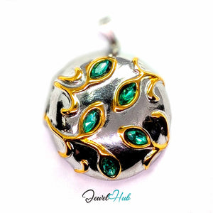 Green Crystal Branch pendant in DuoTone stainless steel - front view - JewelHub