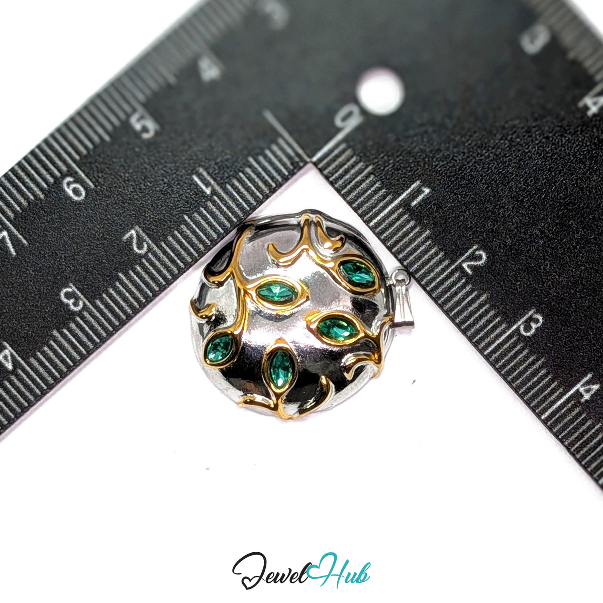 Green Crystal Branch pendant in DuoTone stainless steel - measurement with ruler - JewelHub