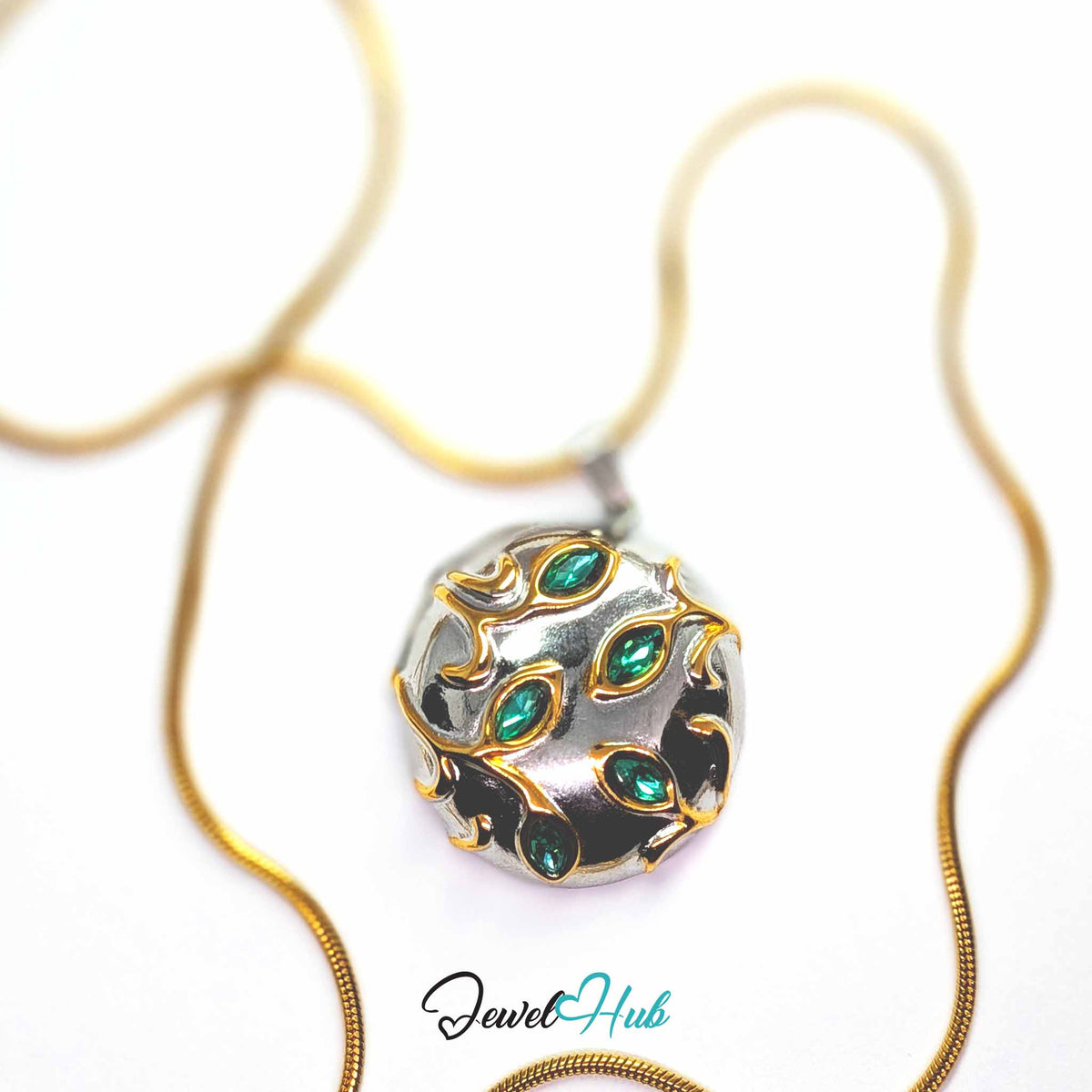 Green Crystal Branch pendant in DuoTone stainless steel - on a gold-tone stainless steel chain - JewelHub
