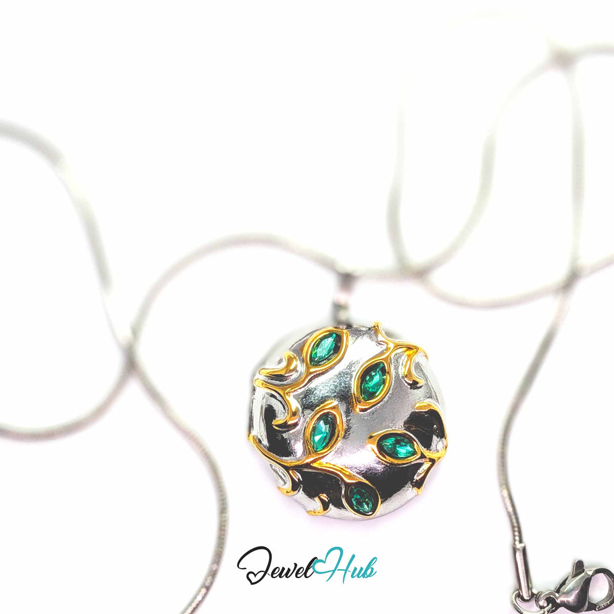 Green Crystal Branch pendant in DuoTone stainless steel - on a silver-tone stainless steel chain - JewelHub