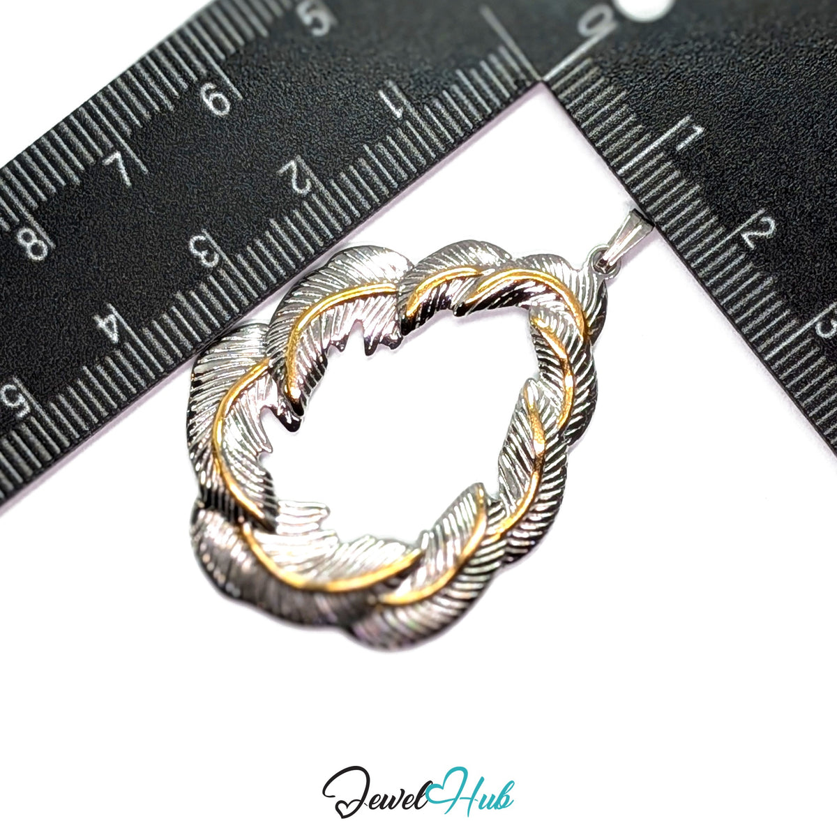 Leaf Wreath pendant in DuoTone stainless steel - measurement with ruler - JewelHub