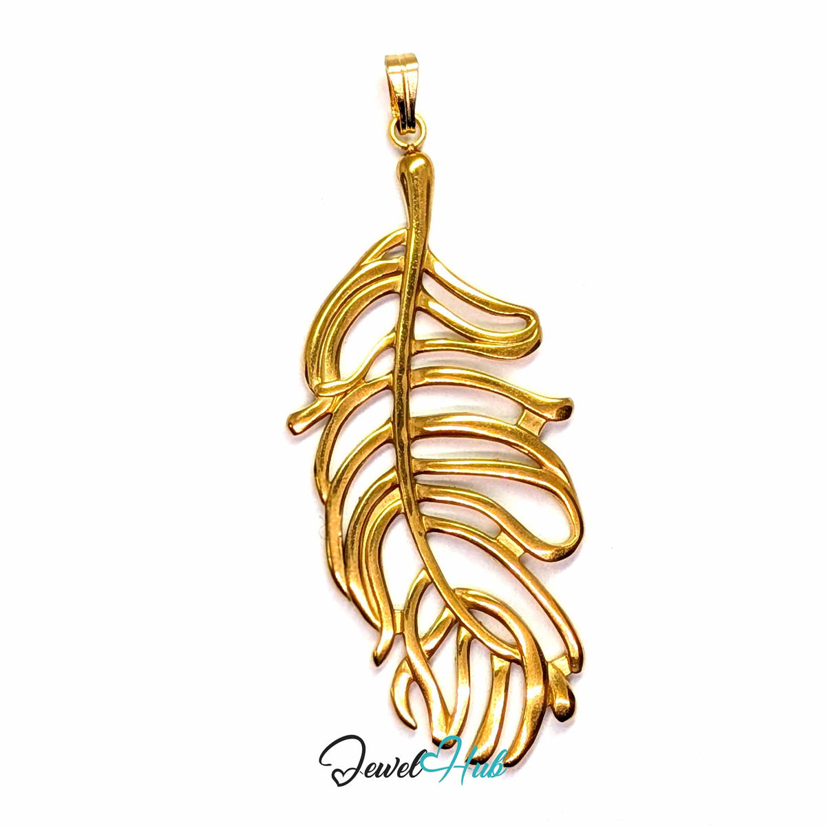Gold Feather Leaf pendant in gold-tone stainless steel - front view - JewelHub