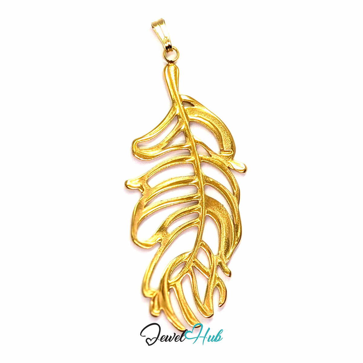 Gold Feather Leaf pendant in gold-tone stainless steel - back view - JewelHub