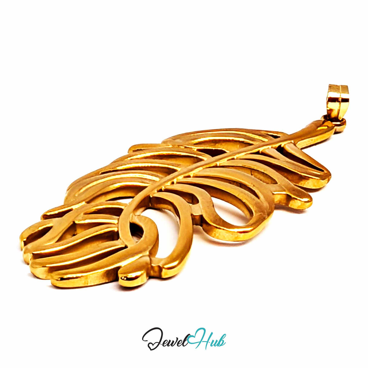 Gold Feather Leaf pendant in gold-tone stainless steel - close-up detail - JewelHub
