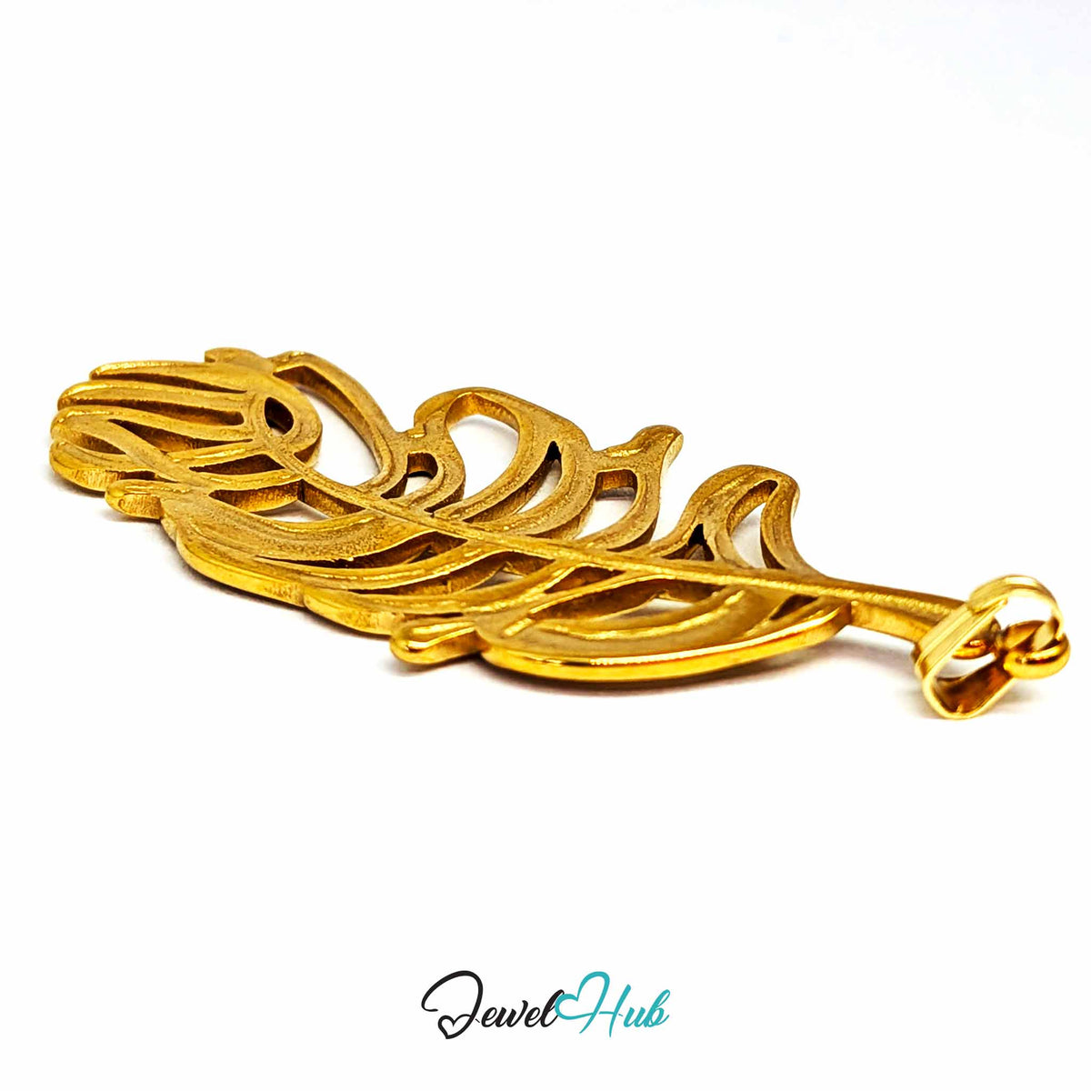 Gold Feather Leaf pendant in gold-tone stainless steel - angled close-up - JewelHub
