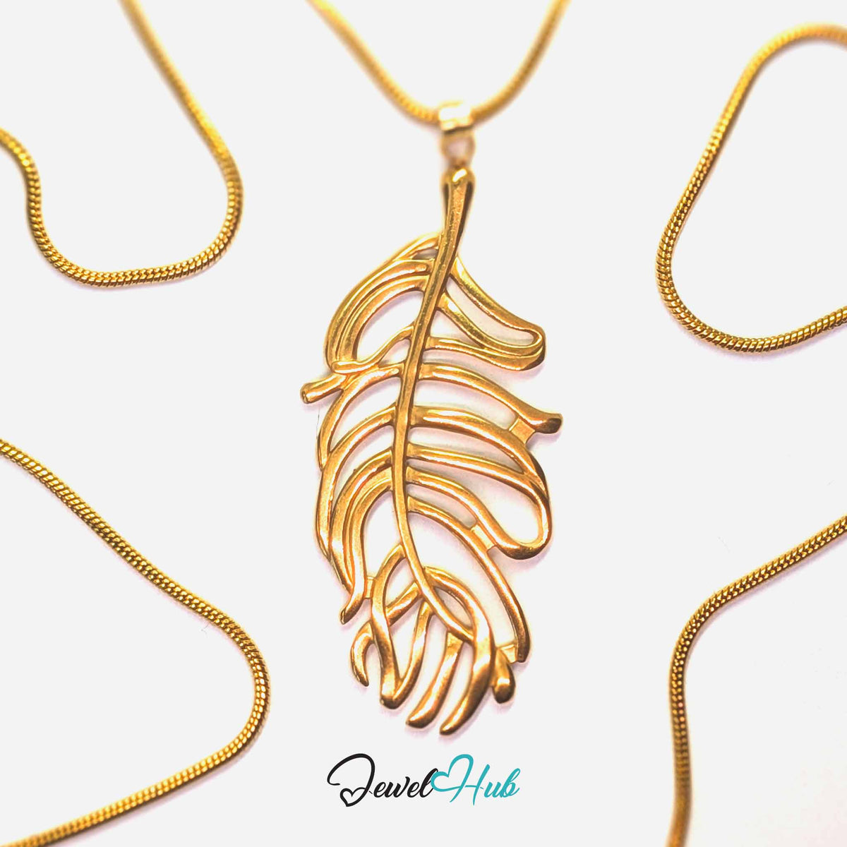 Gold Feather Leaf pendant in gold-tone stainless steel - on a gold-tone stainless steel chain - JewelHub